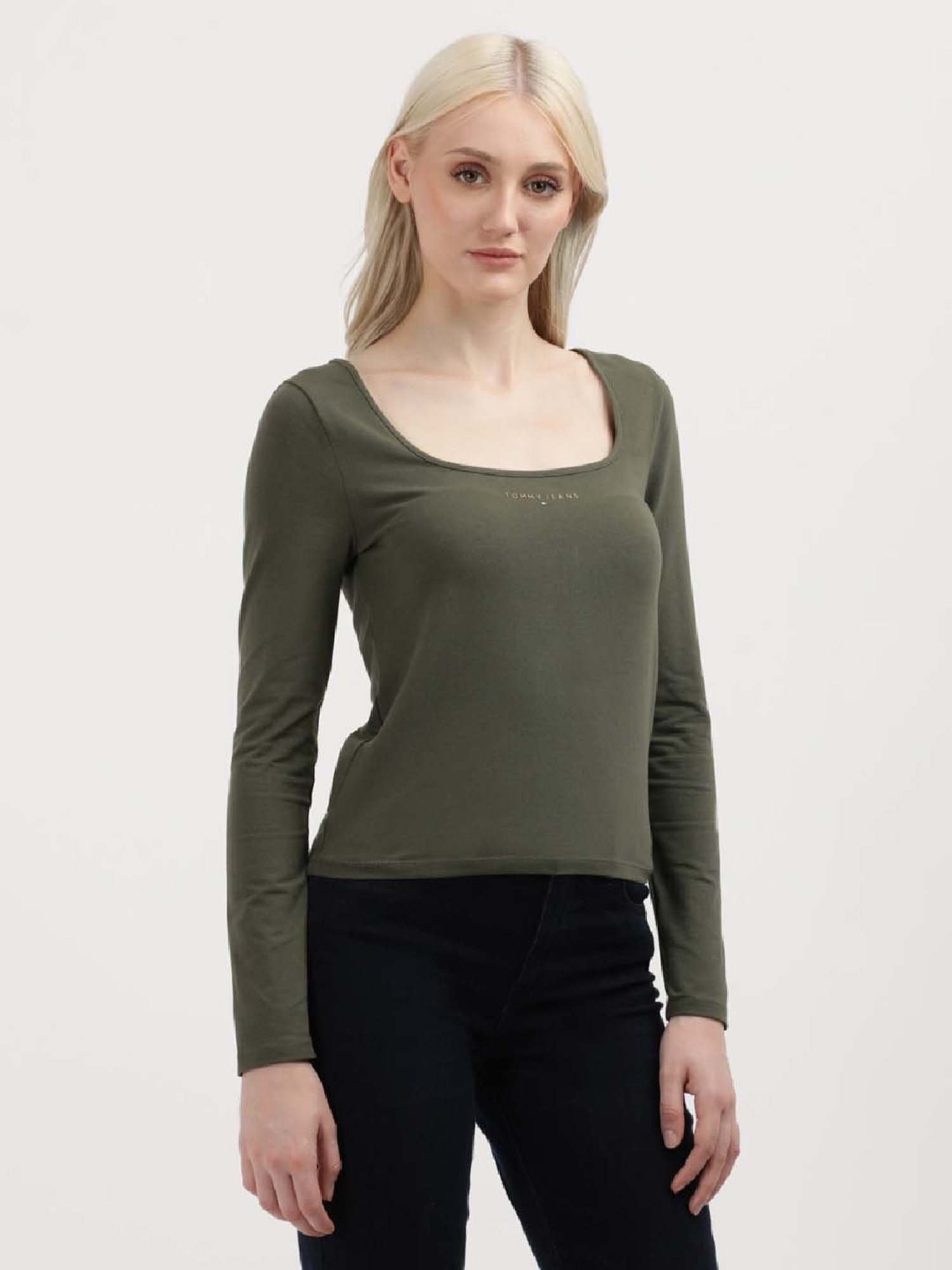 TOMMY HILFIGER Fatigue Green Cotton Logo Print Top