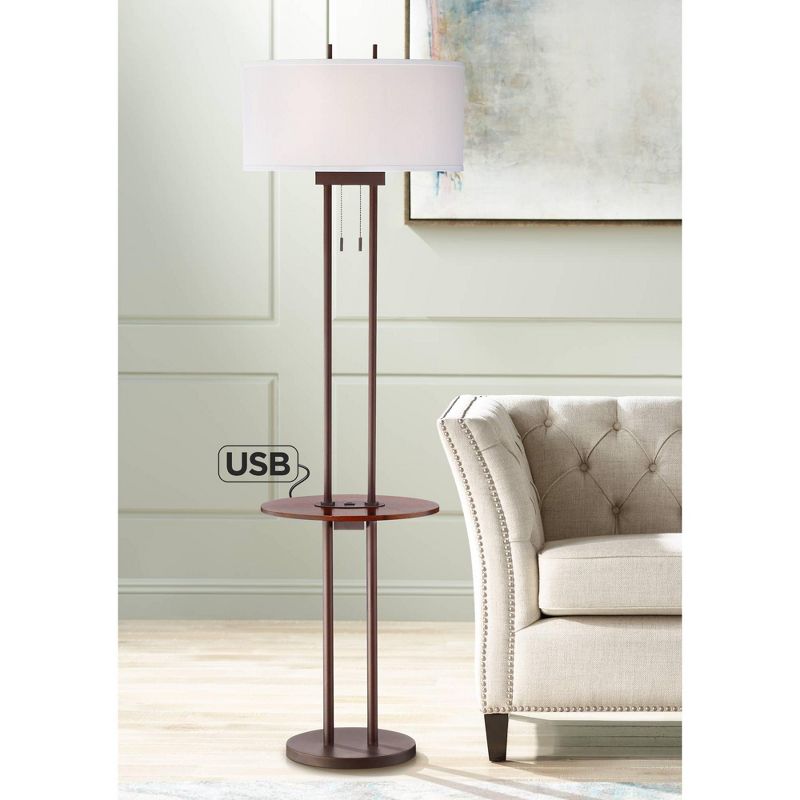 Franklin Iron Works Modern Industrial Floor Lamp with Table and USB Bronze Walnut Oval Linen Shade Living Room Bedroom Office