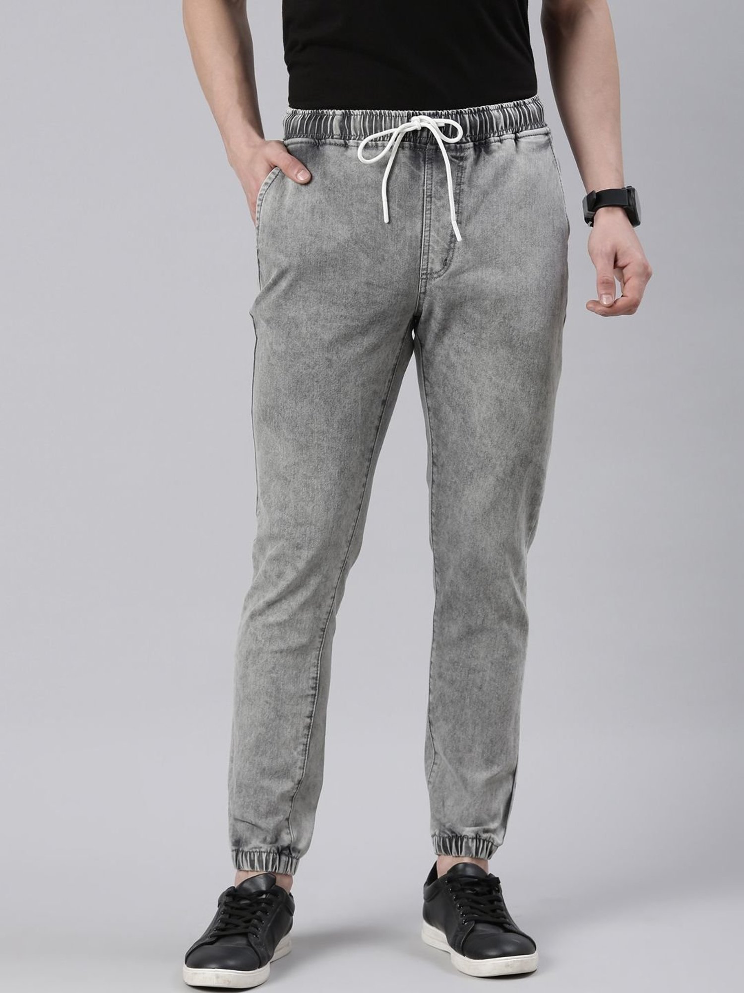 CINOCCI Grey Cotton Slim Fit Jogger Jeans