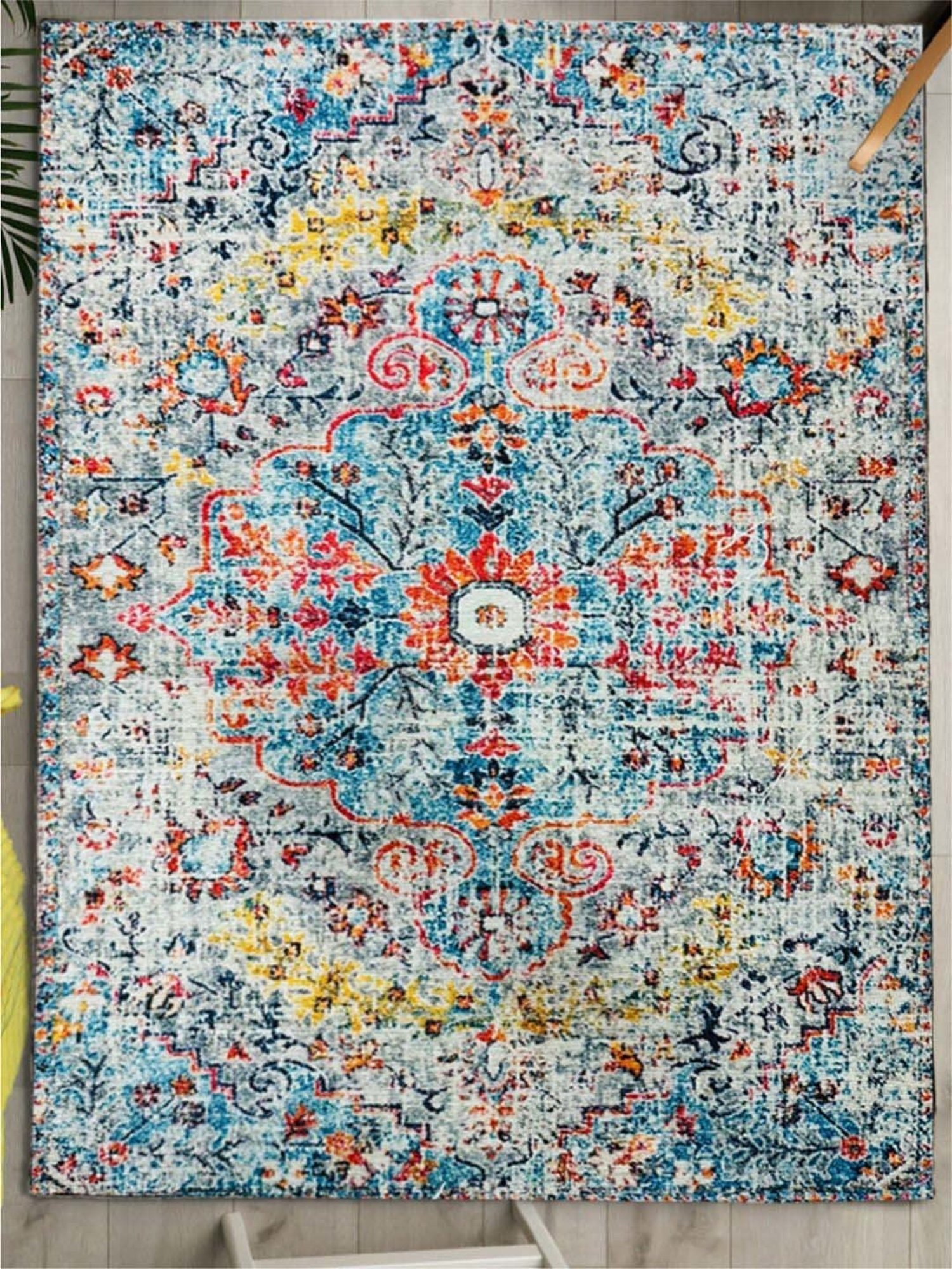 Urban Space Blue Chenille Ethnic Motifs Anti-Skid Carpet