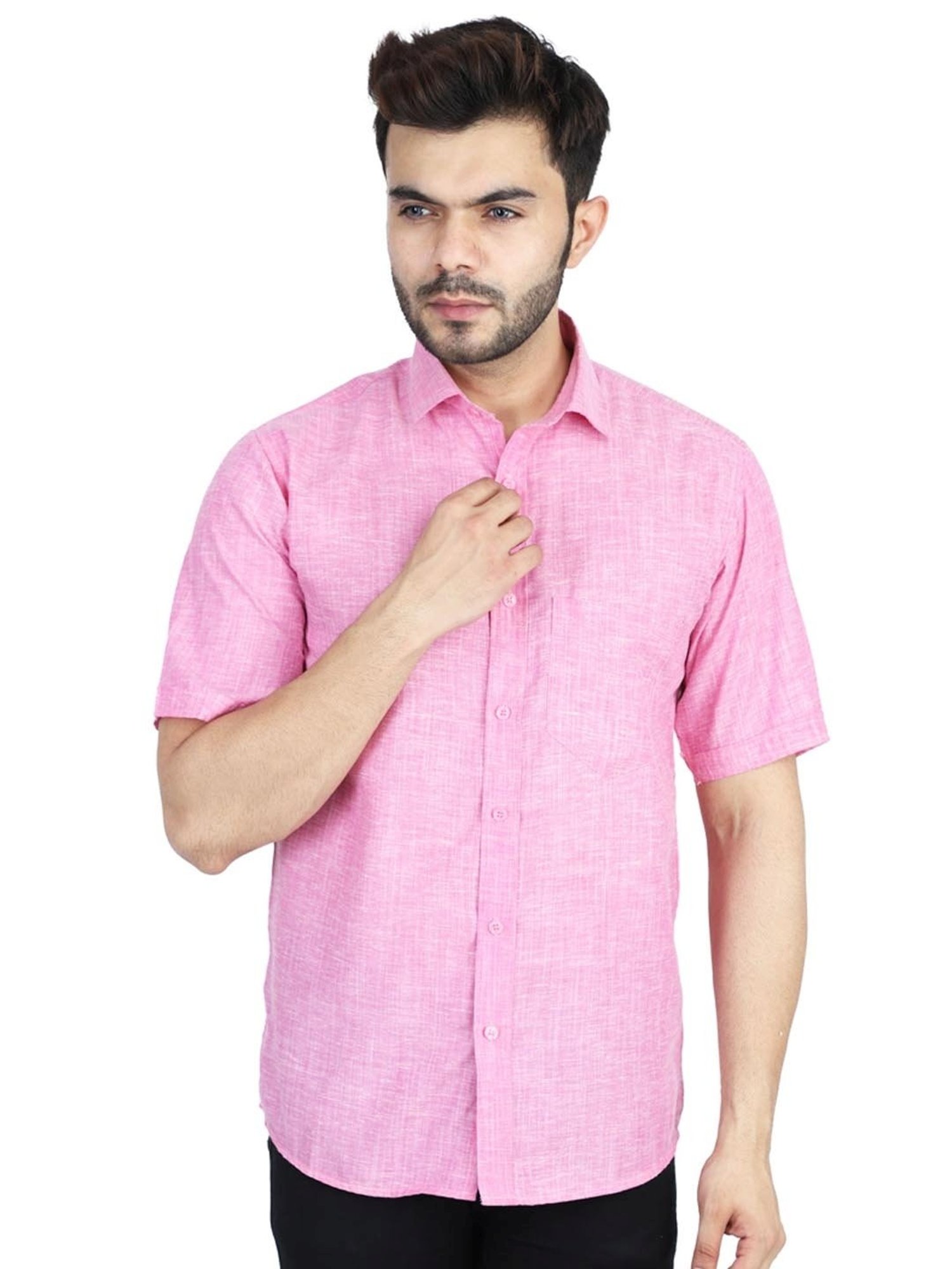 TAHVO Pink Linen Slim Fit Self Pattern Shirt