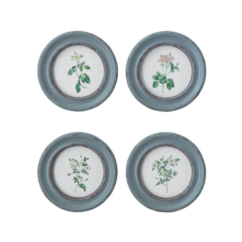 Set of 4 Designs Vintage Rose in Distressed Round Frame Decorative Wall Art Blue - 3R Studios