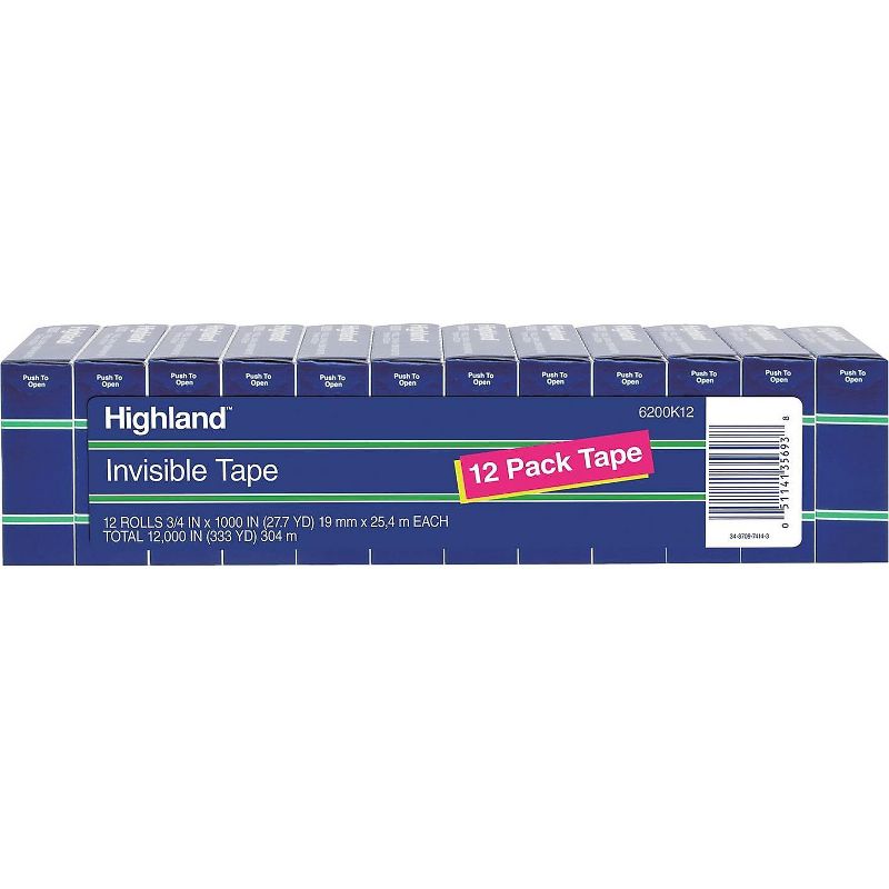 Highland Invisible Permanent Mending Tape 3/4" x 1000" 1" Core Clear 12/Pack 6200K12