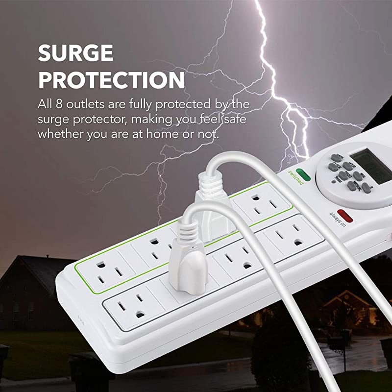 8 Outlet Surge Protector with 7Day Digital Timer 4 Outlets Timed 4 Outlets Always On White