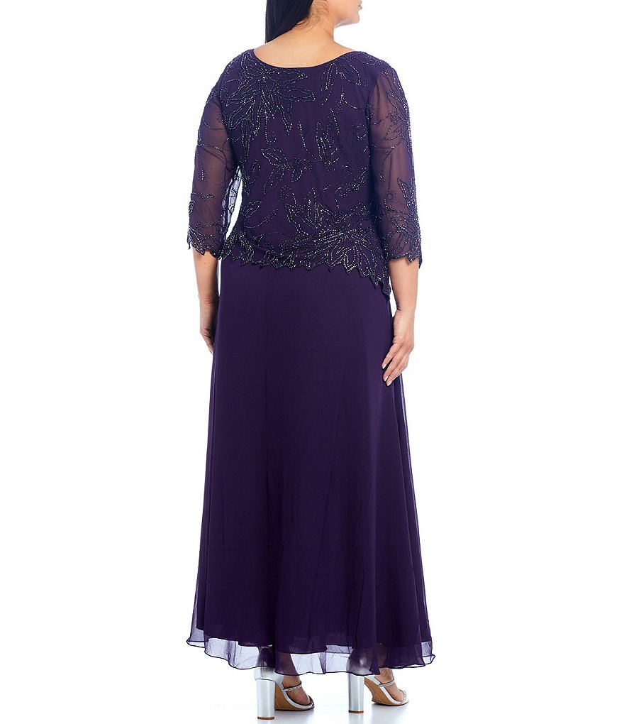 Jkara Plus Size Scoop Neck 3/4 Sleeve Beaded Bodice Gown