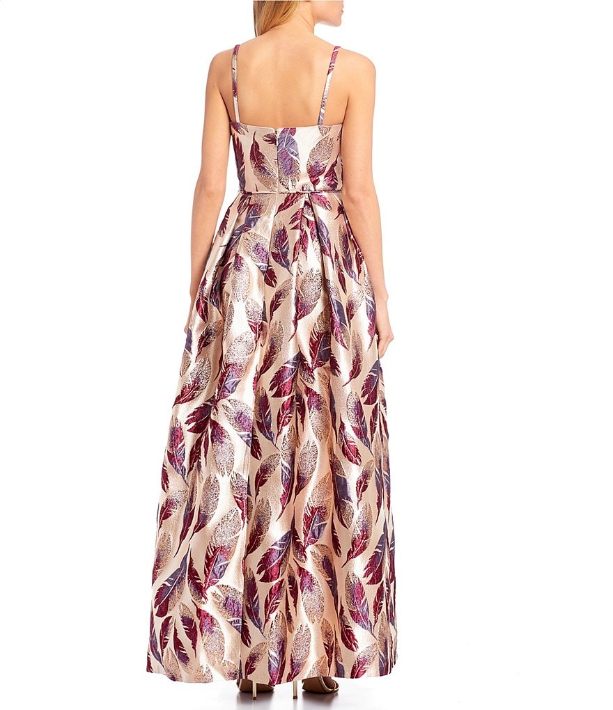 Morgan & Co. Spaghetti Strap V-Neck Feather Print Jacquard Ball Gown