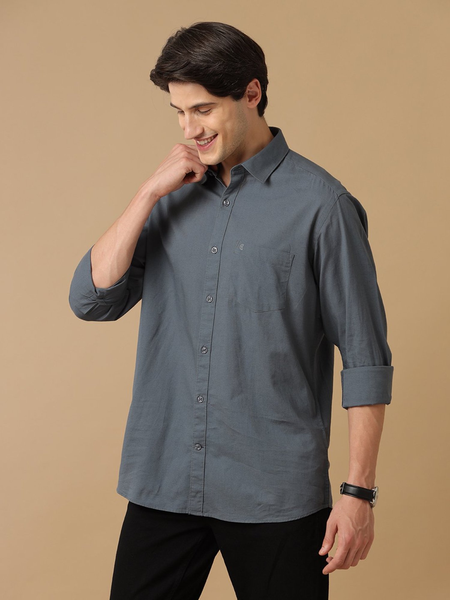 CAVALLO by Linen Club Grey Contemporary Fit Shirt
