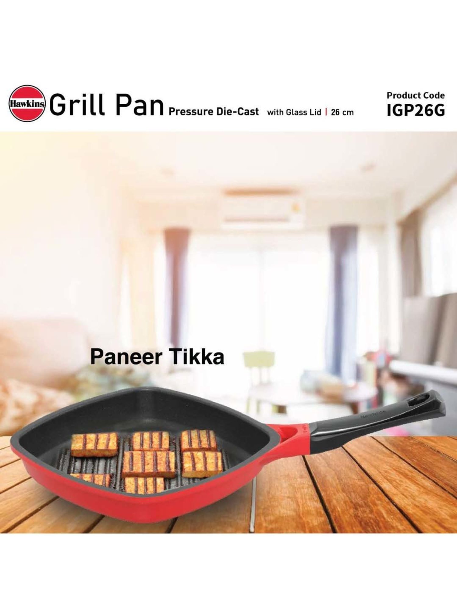Hawkins Red Ceramic 26 cm Die Cast Square Grilling Pan With Glass Lid (Igp26G) (1.18 L)