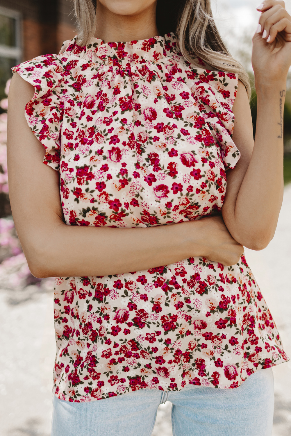Red Boho Floral Print Ruffled Mock Neck Sleeveless Shirt