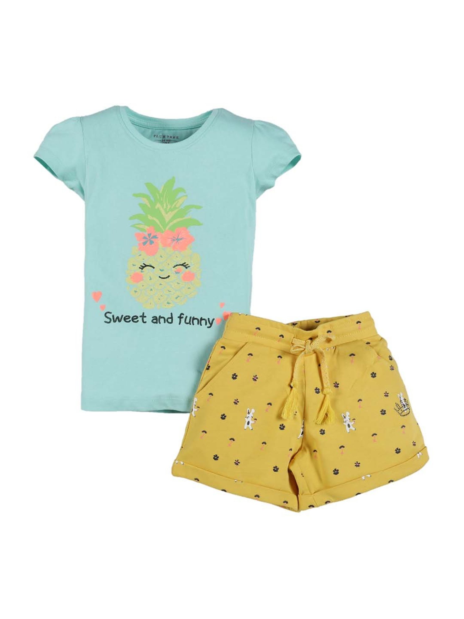 Plum Tree Kids Blue & Yellow Cotton Printed T-Shirts & Short Set
