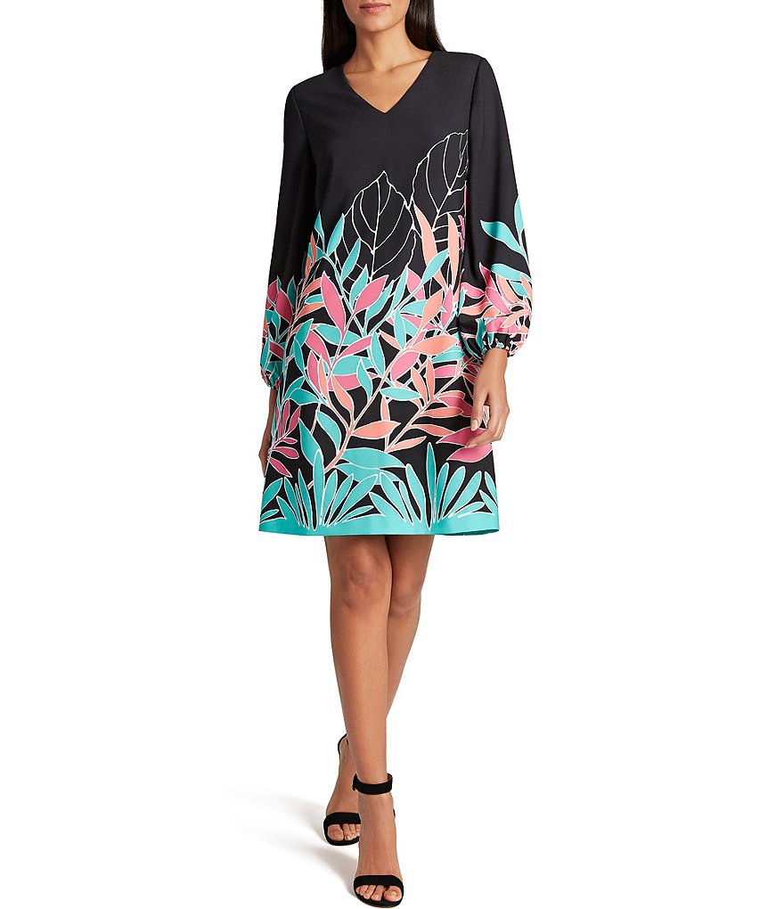 Tahari ASL V-Neck 3/4 Puff Sleeve Leaf Motif Shift Dress
