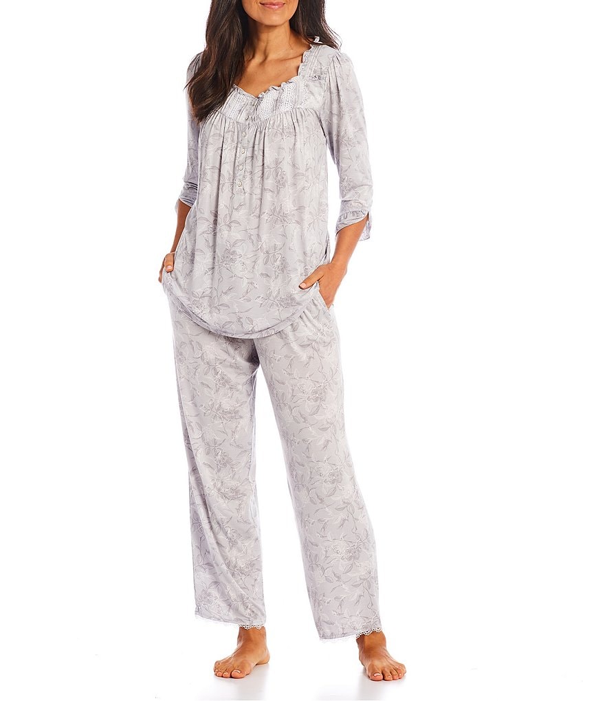 Eileen West Floral Print Square Neck 3/4 Sleeve Ruffle & Lace Knit Pajama Set