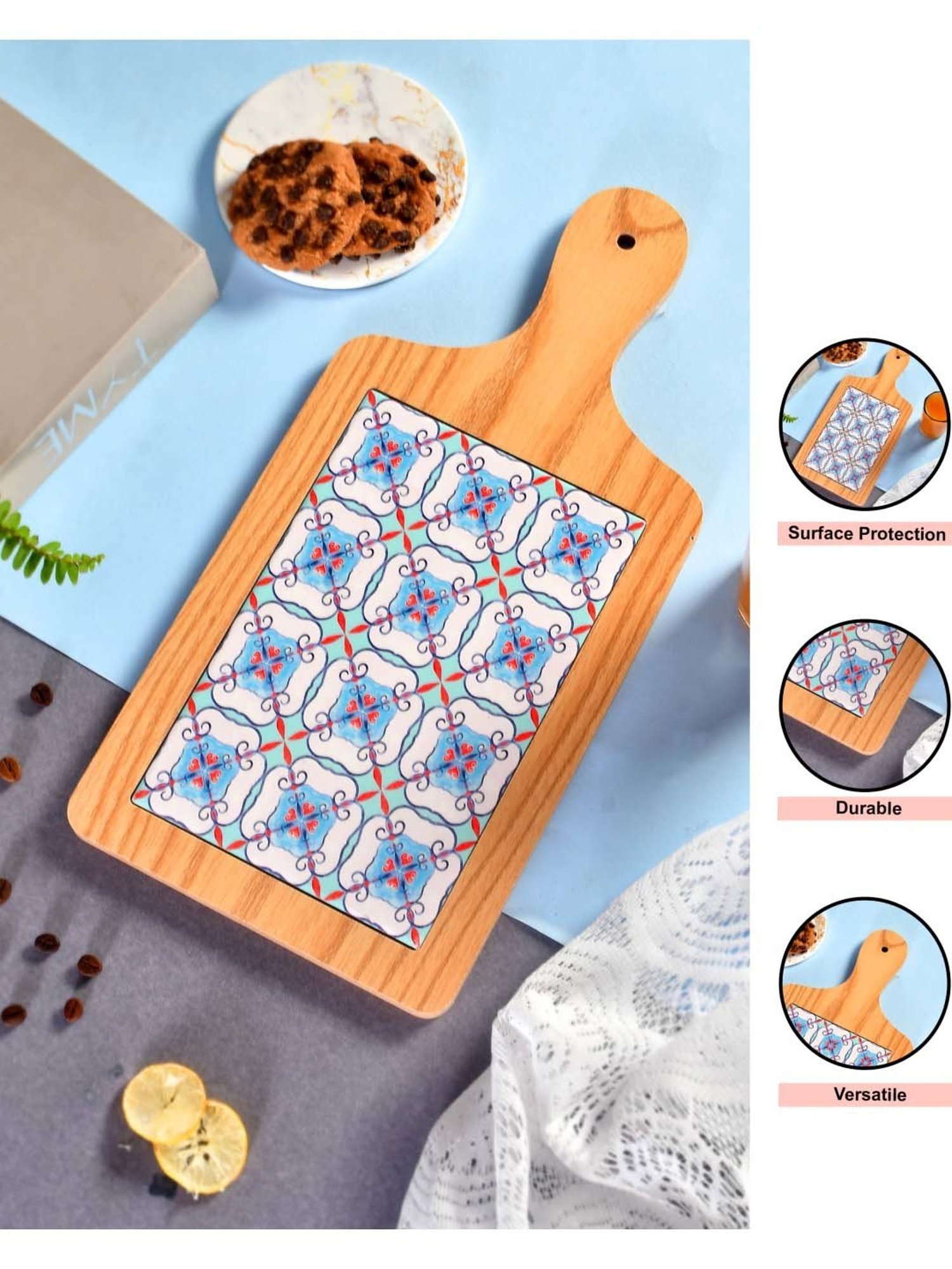 TAYHAA Blue & Brown Ceramic Serving Platter With Handle