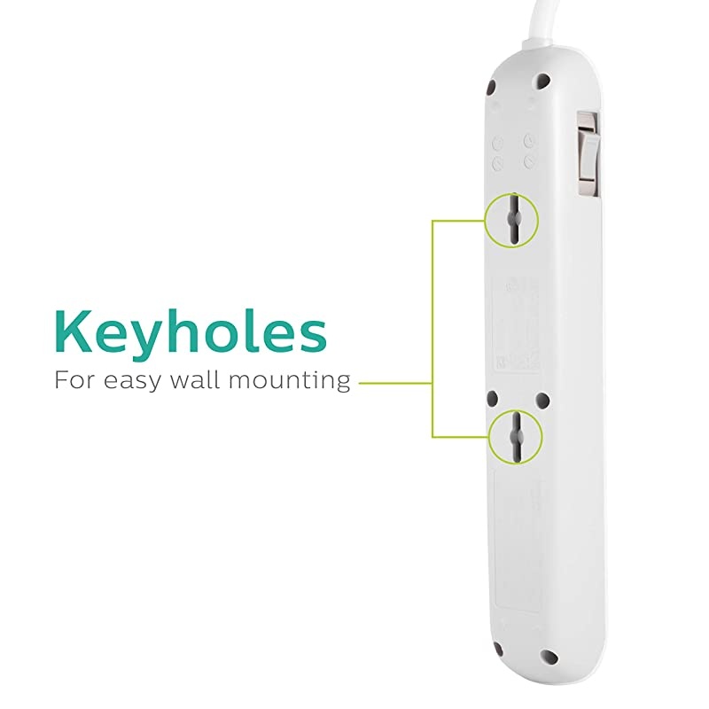 6 Outlet Power Strip Surge Protector, 4ft Power Cord, Flat Plug, Wall Mount, 720 Joules, ETL Listed, Circuit Breaker, Automatic Shutdown, White, SPP3064WE/37