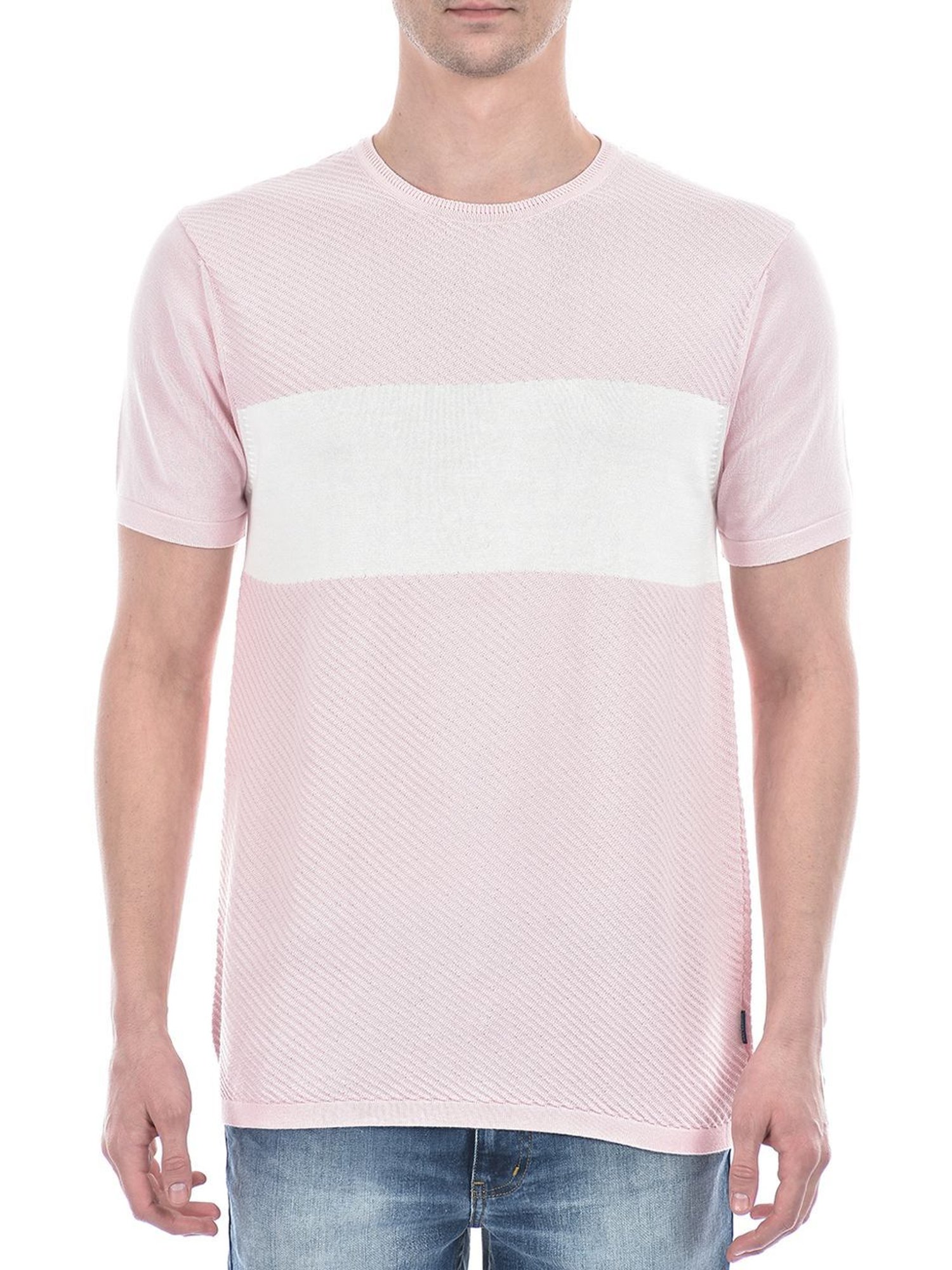 Numero Uno Dusty Pink Cotton Slim Fit Colour Block T-Shirt