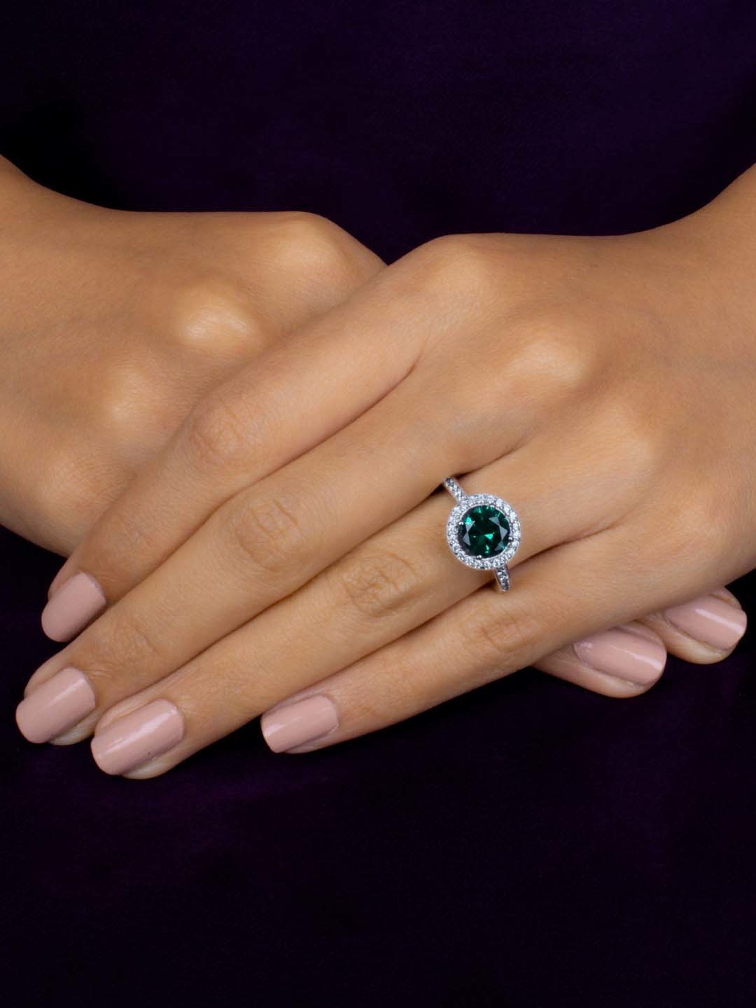 925 Silver 1.5 Ct Green Emerald and American Diamond Solitaire Halo Ring for Women & Girls