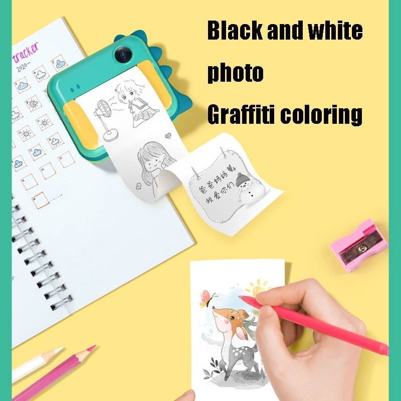 P1 Green Dinosaur No Card Children Polaroid Camera 1200W Front And Rear Dual-Lens Mini Print Photographic Digital Camera Toy