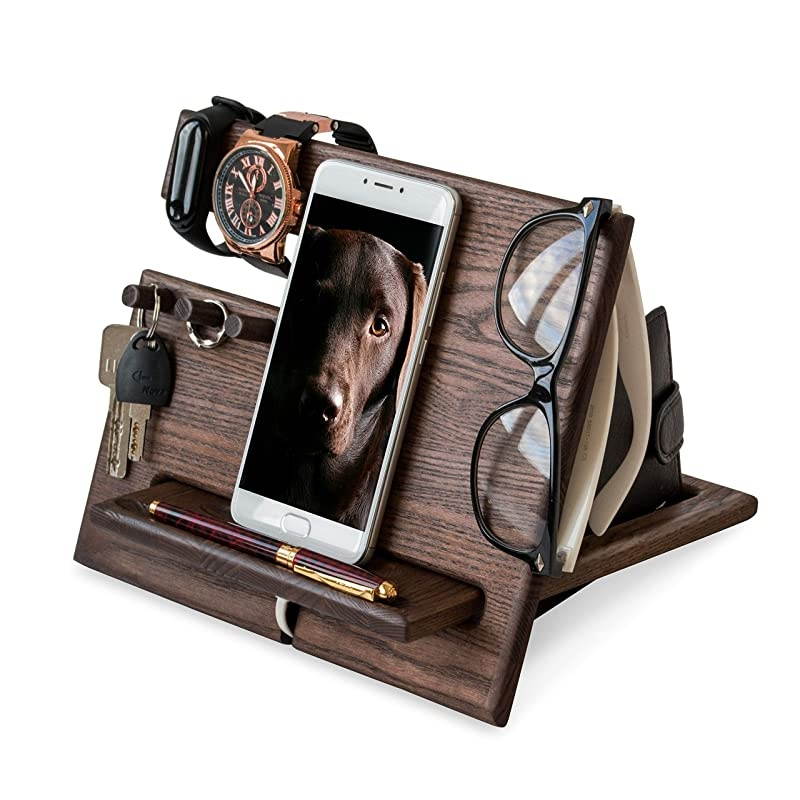 Wood Phone Docking Station Ash Hooks Key Holder Wallet Stand Watch Organizer Men Gift Husband Wife Anniversary Dad Birthday Nightstand Purse Tablet Father Graduation Male