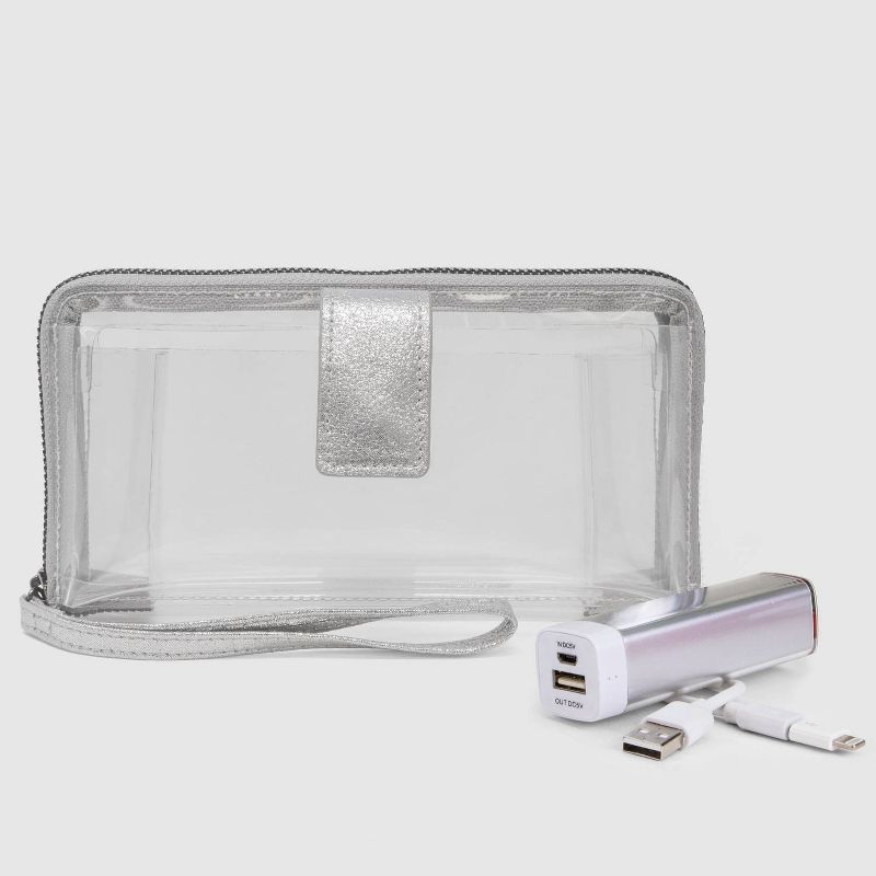 Stella & Max Women's Clear Cell Phone Wallet with Phone Charging Battery - Light Silver