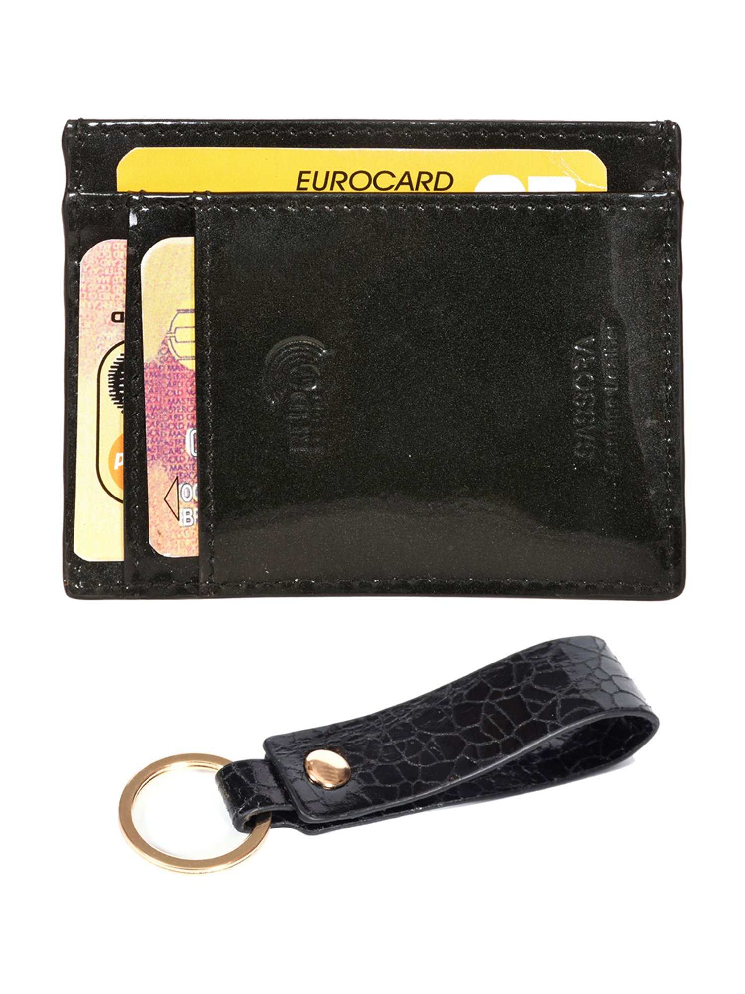 Sassora Black Small Leather Card Holder With Keychain Gift Set (Pack Of 2)