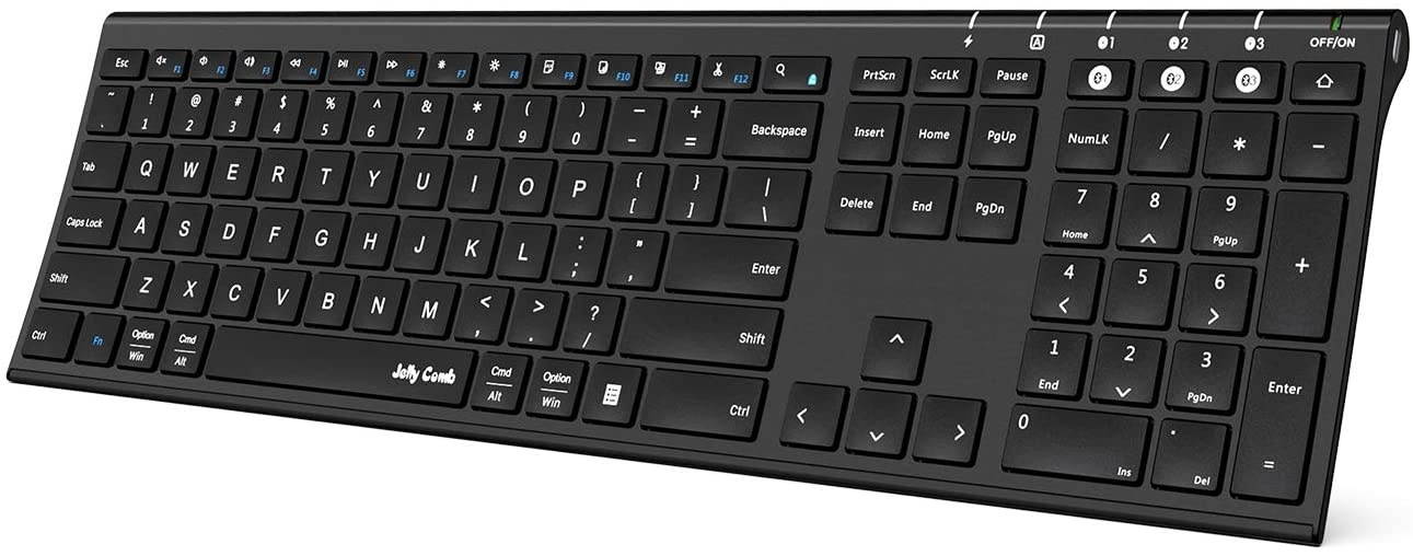 Multi-Device Bluetooth Keyboard - Jelly Comb Rechargeable Wireless Keyboard Full Size Ultra Slim Bluetooth Keyboard with Number Pad Compatible with Windows, Android, Mac OS and iOS (Black)