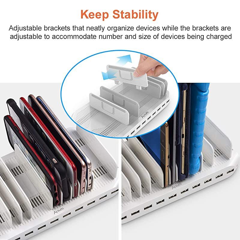 iPad Charging Station 96W 10-Port  USB Charging Station Multiple Device USB Charger with Smart IC Tech, Organizer Stand for iPhone X, Xs Max,8,7,6, Samsung Google Nexus LG, Tablets, White
