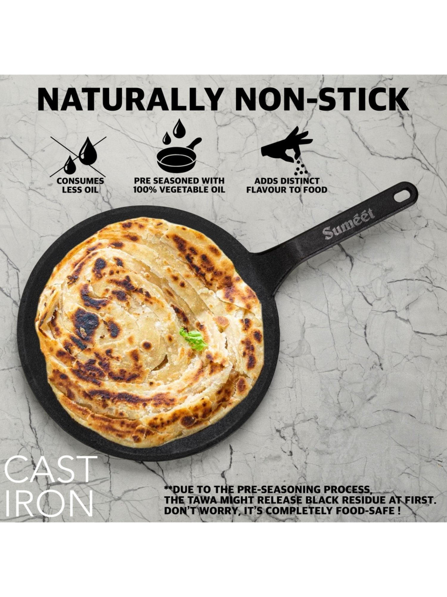 Sumeet Gold Series Pre Seasoned Cast Iron Concave Tawa for Roti 27cm 1.8kg, Gas & Induction-Friendly