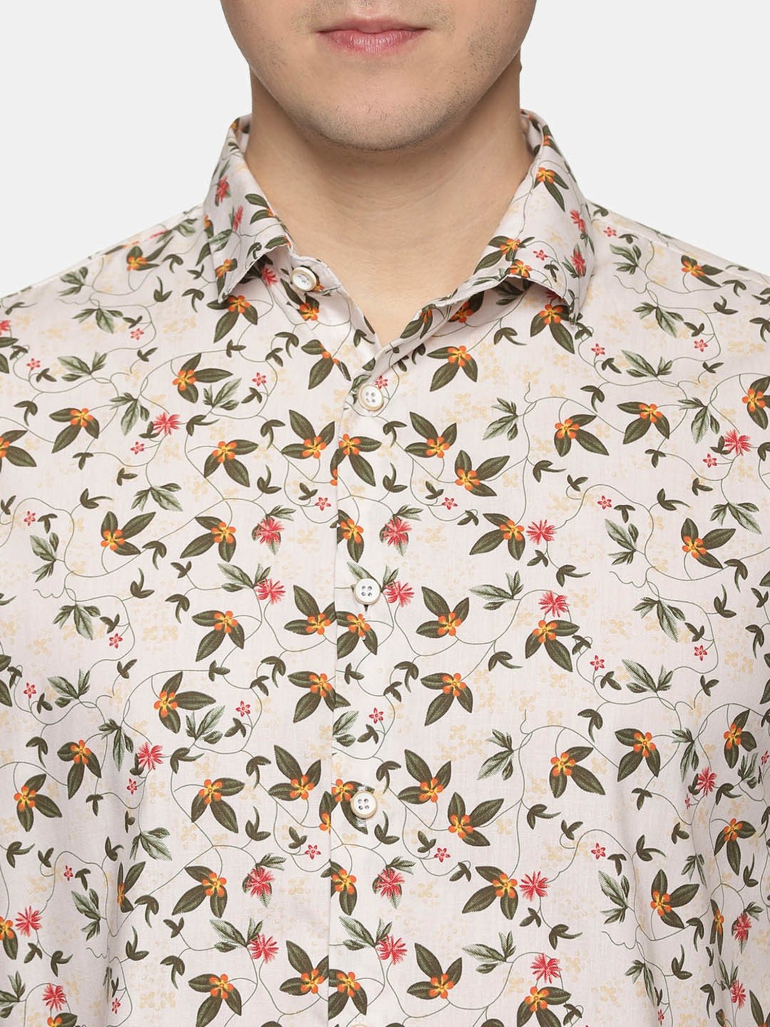 Don Vino Cream Slim Fit Printed Shirt