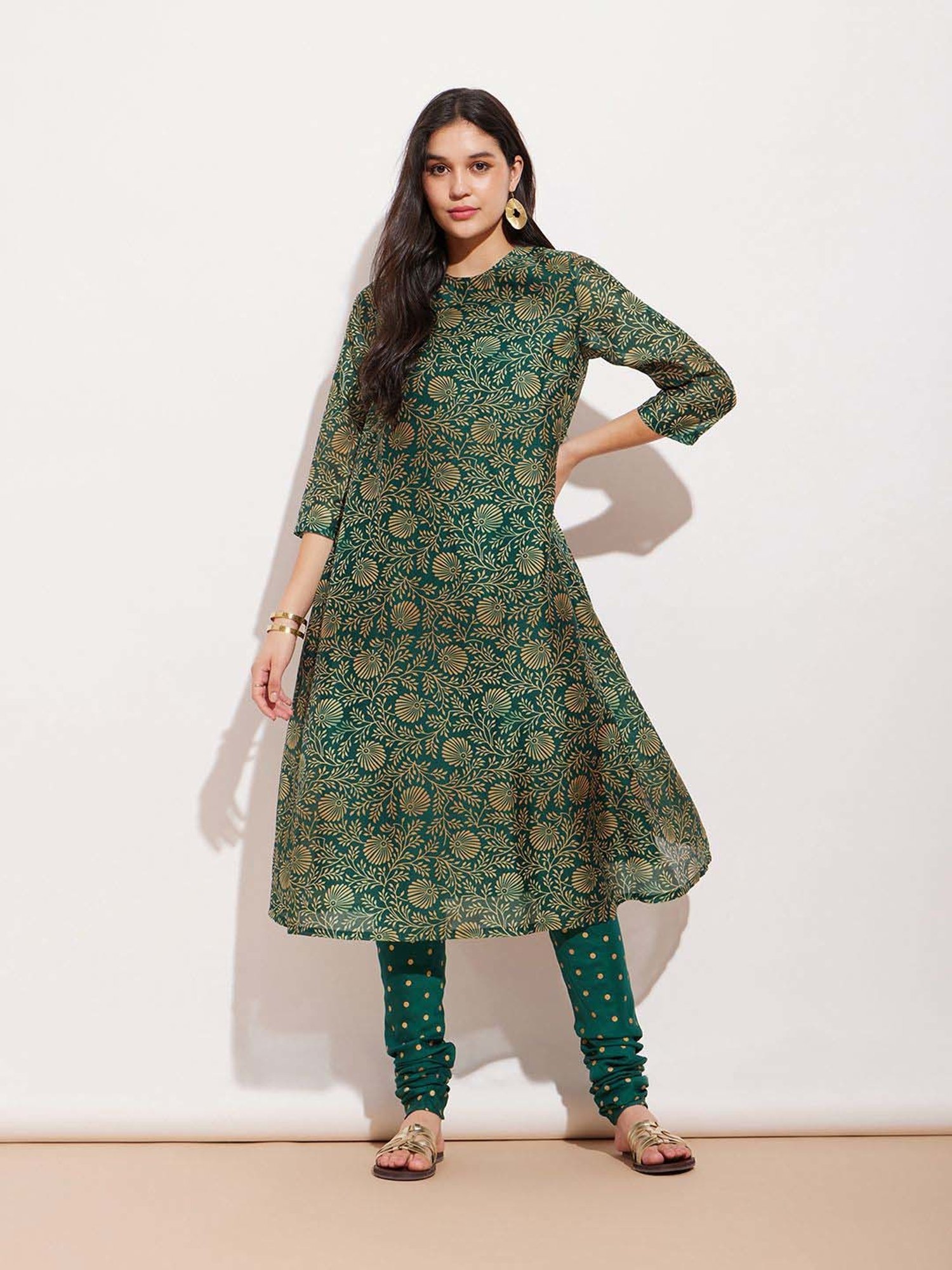 Pink Fort Green Printed A Line Kurta