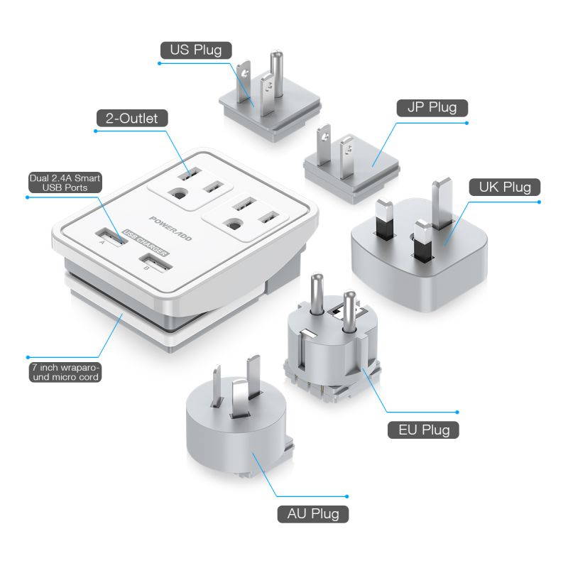 Poweradd Travel Adapter Kit Phone Holder - Dual USB Ports + 2 Outlets, Universal Power Strip for UK, US, Japan,China, Europe, Asia, Cruise Ship Travel, Perfect for Cellphone Laptop Camera and More
