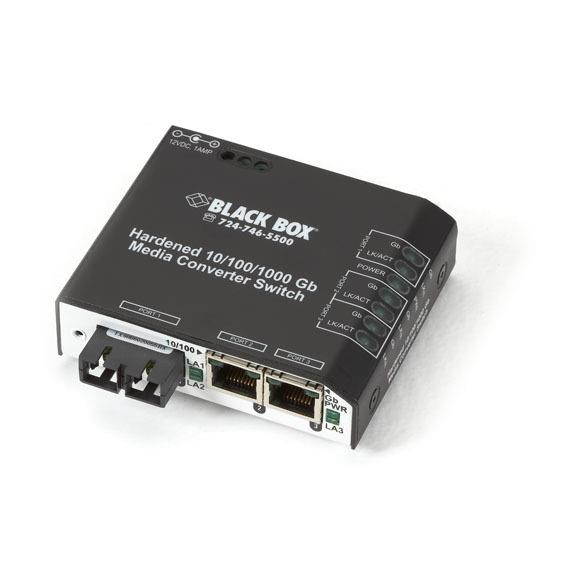 Hardened Media Converter Switch, 10-/100-/1000-Copper to 1000-Mbps Fiber, Multim