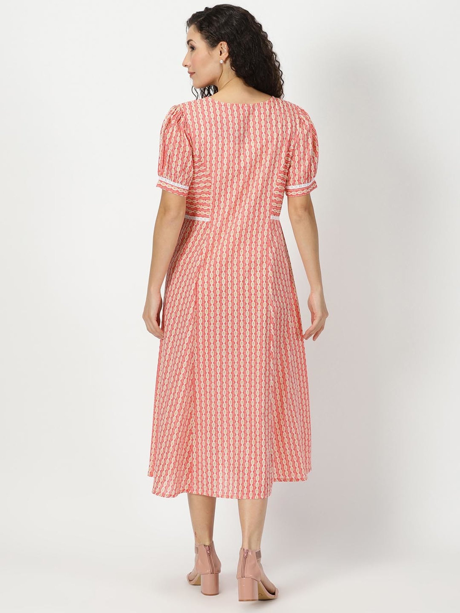 Saffron Threads Coral Cotton Printed Ethnic Dress