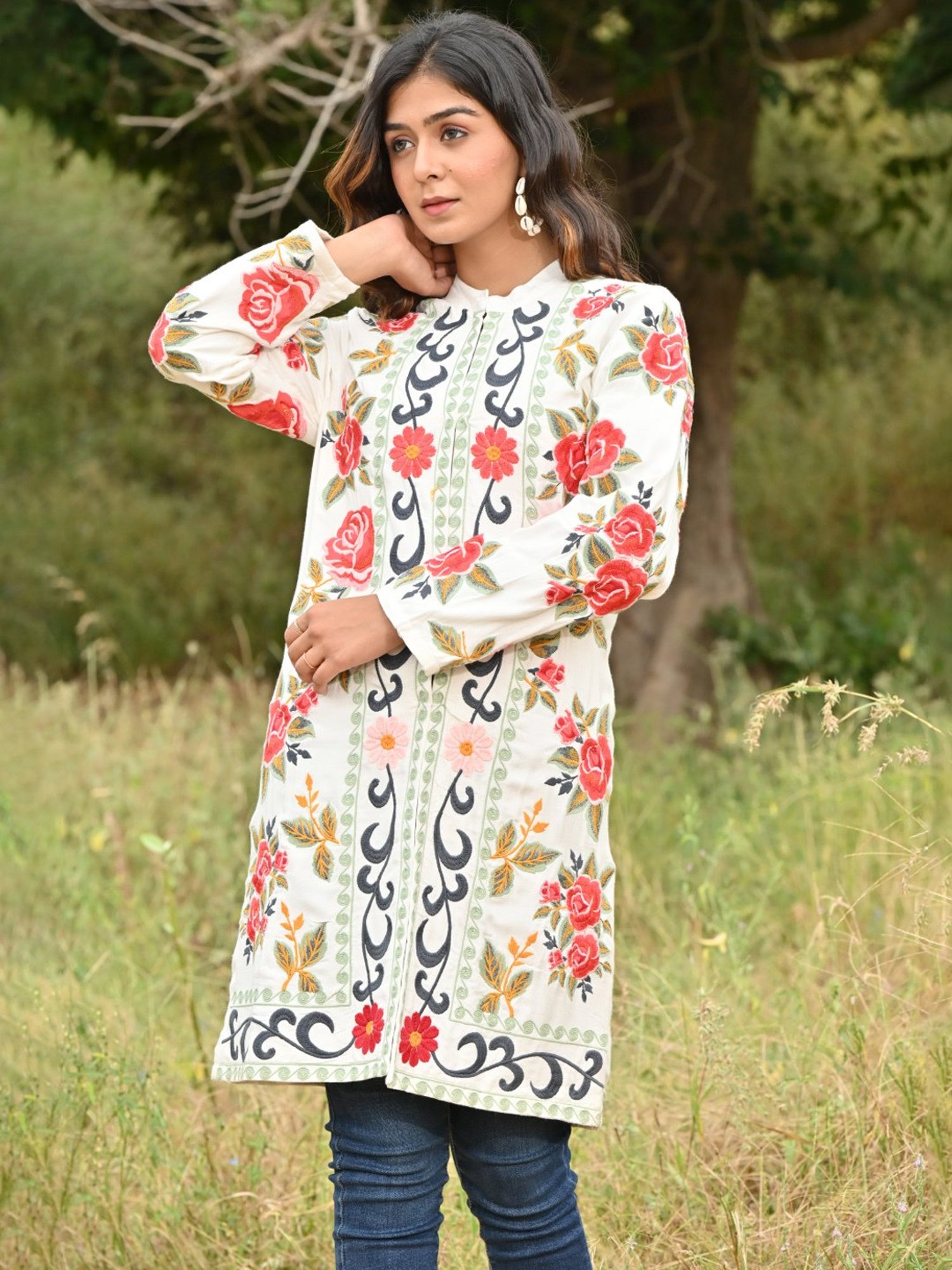 Zolo Label White Cotton Embroidered Jacket