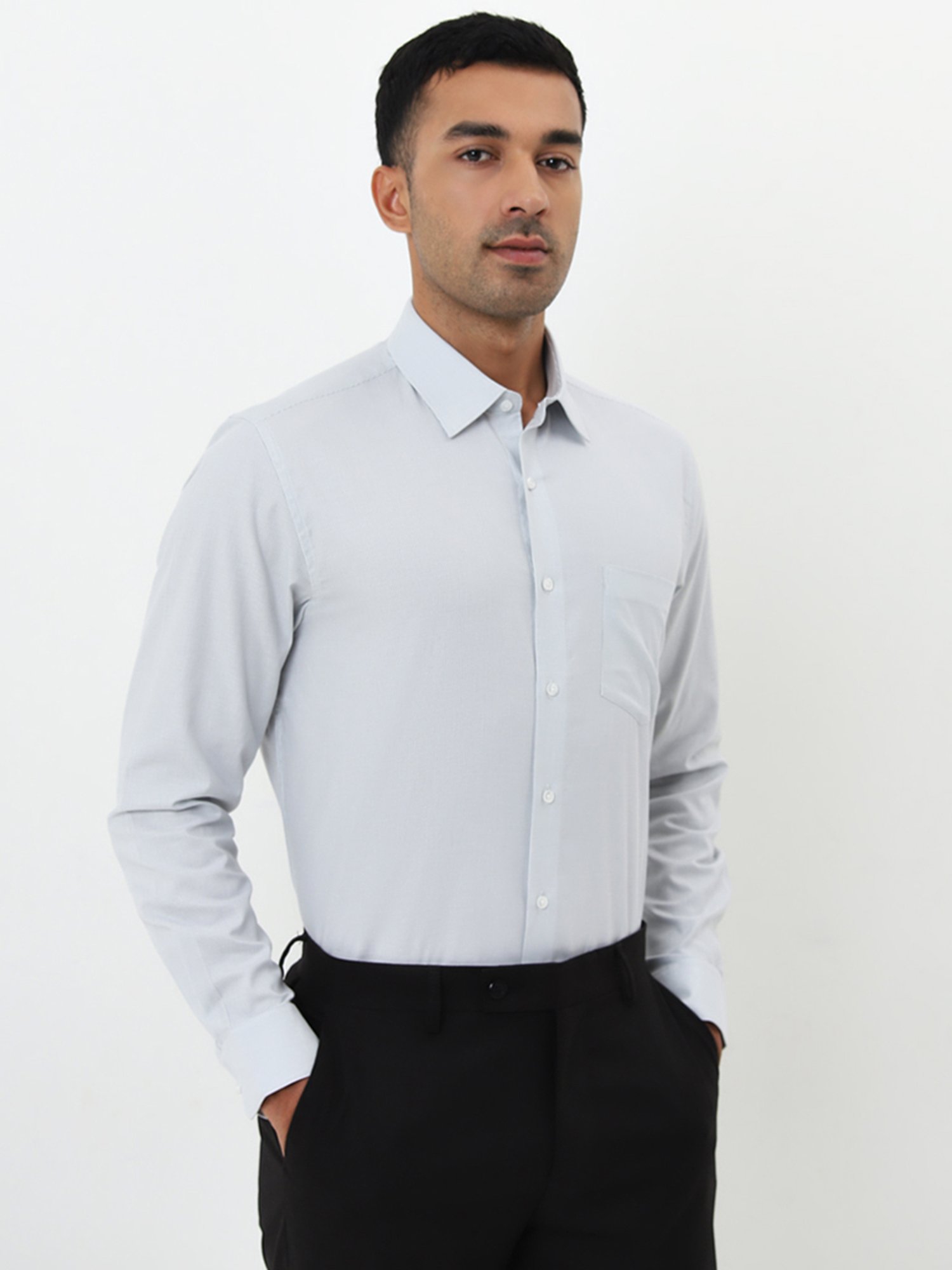 WES Formals by Westside Light Grey Self-Patterned Slim-Fit Cotton Shirt