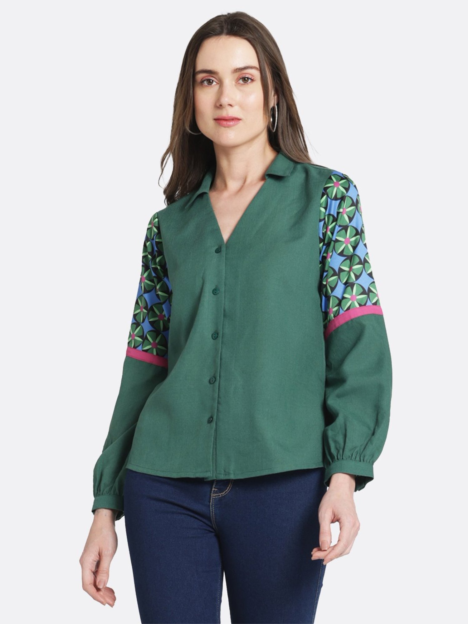 SHAYE Green Linen Printed Top