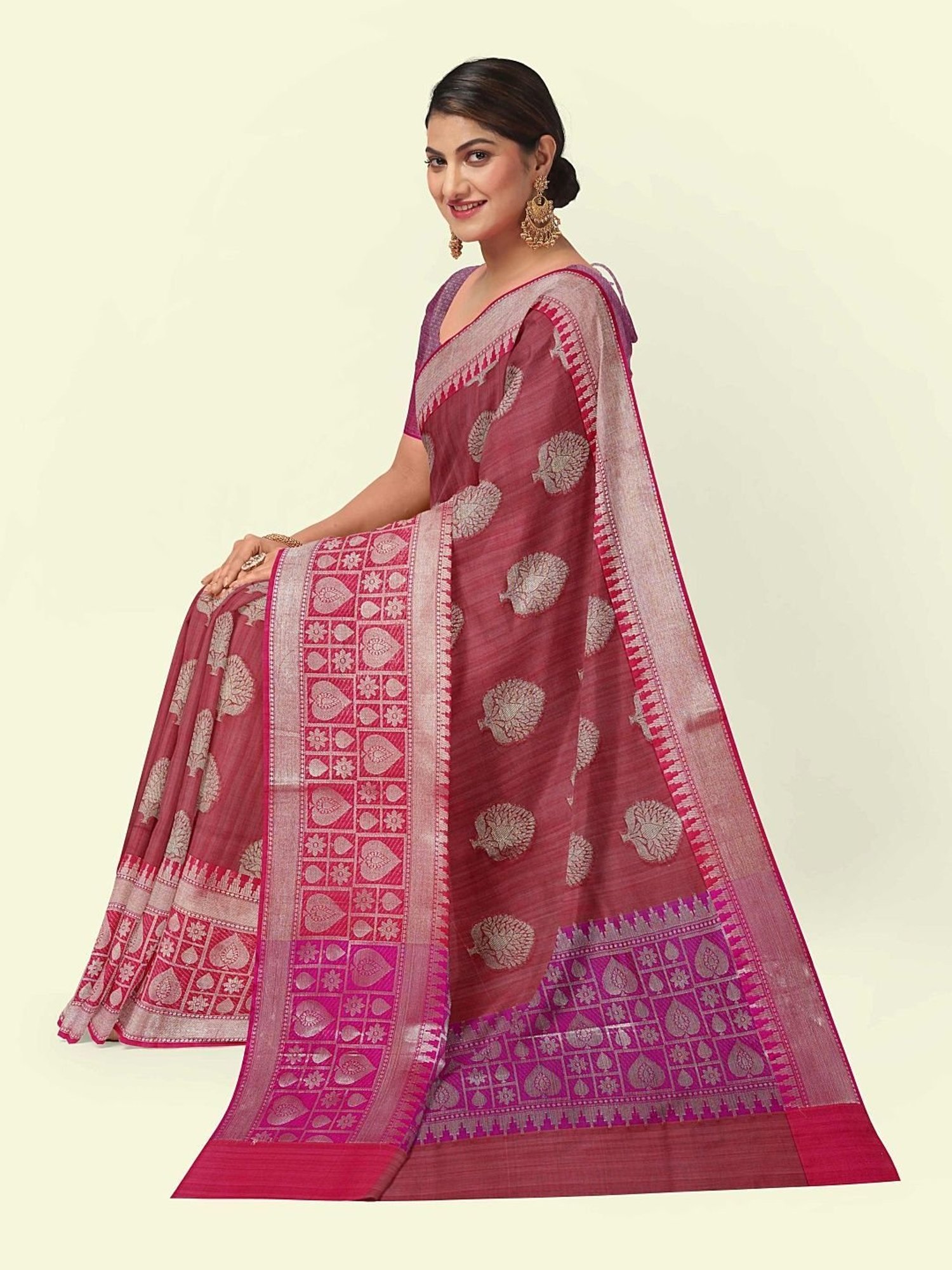 Banarasi Silk Works Pink Woven Saree With Unstitched Blouse