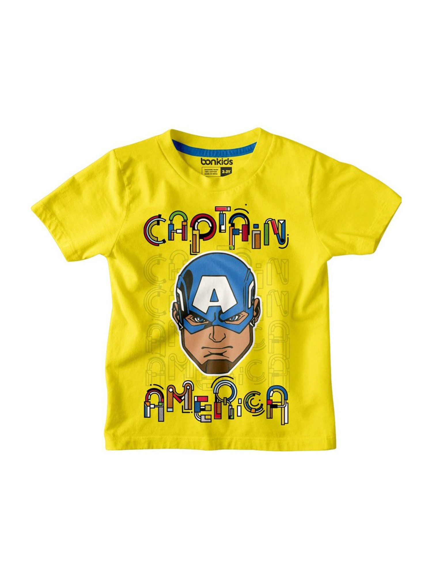 BonBoys Boys Yellow Cotton Printed Captain America Shield T-Shirt