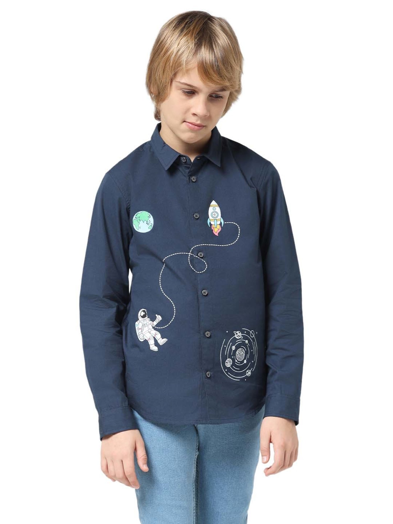 Jack & Jones Junior Poseidon Blue Cotton Printed Full Sleeves Shirt