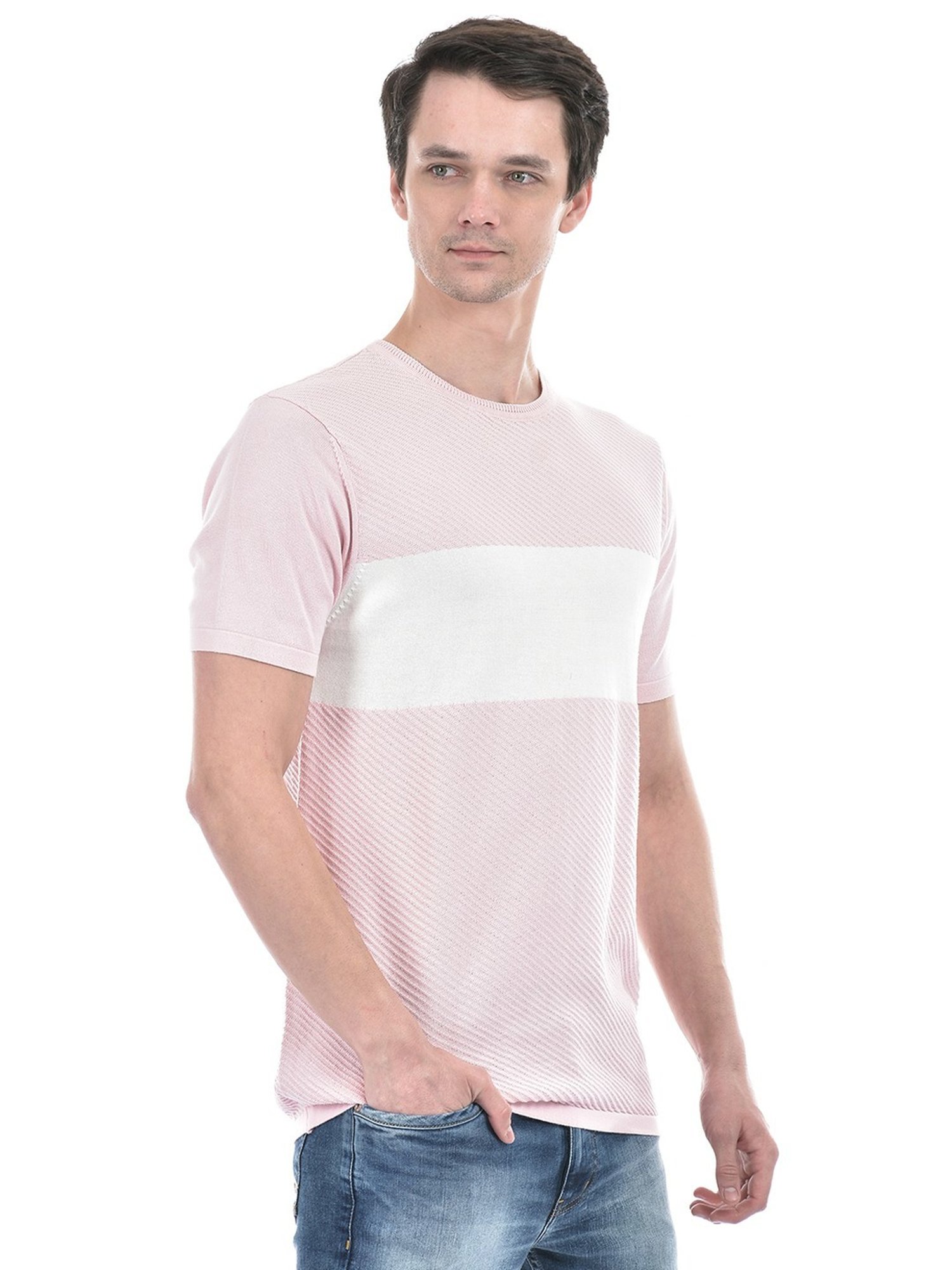 Numero Uno Dusty Pink Cotton Slim Fit Colour Block T-Shirt