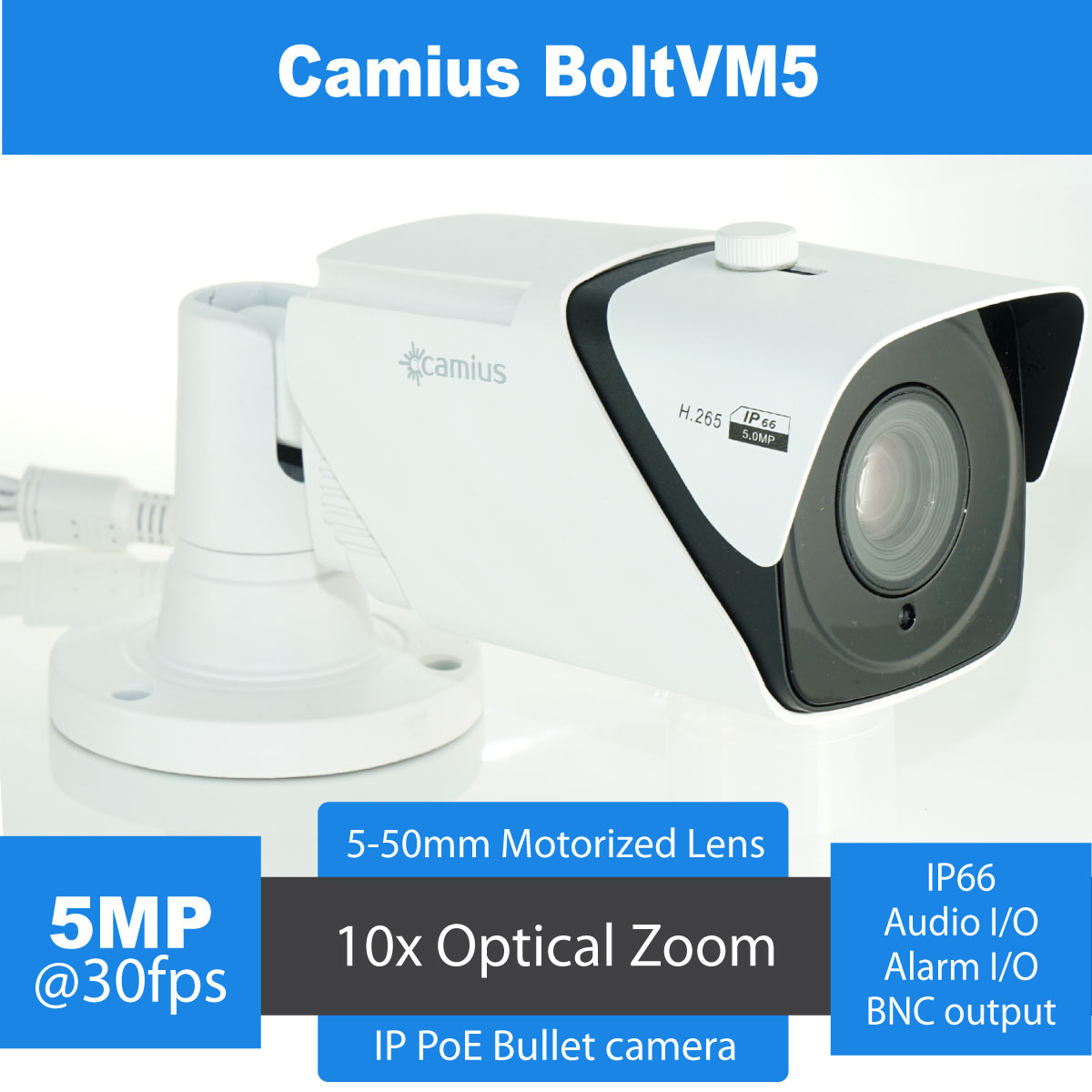 New - Camius 8 Channel 4K NVR security system, 4TB HDD, 4 x 5MP 10x Zoom Intelligent IP PoE Outdoor Bullet cameras with motorized varifocal lens 5-50mm, 260ft night vision, audio, alarm input & output