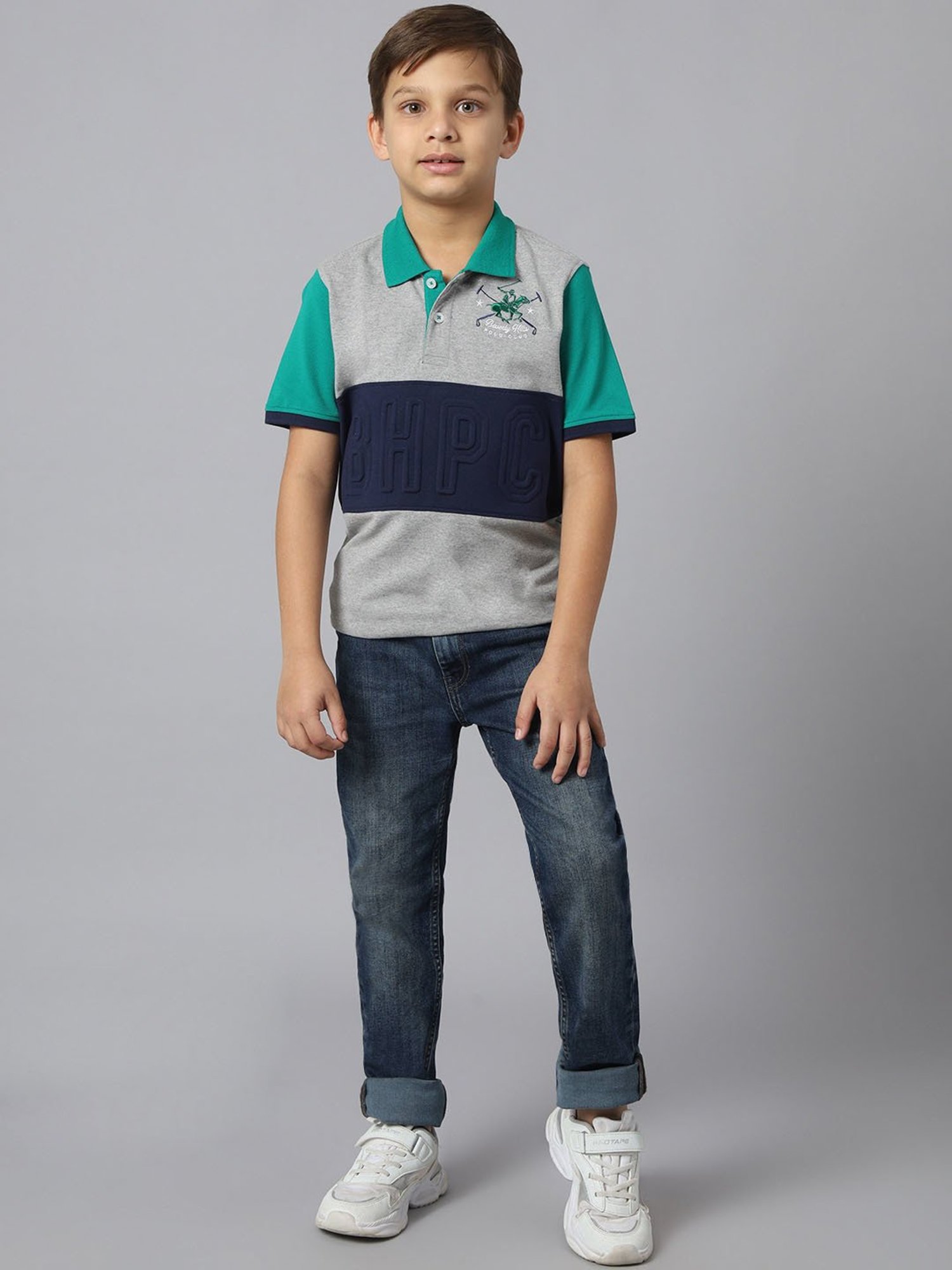 Beverly Hills Polo Club Kids Grey & Navy Printed Polo T-Shirt