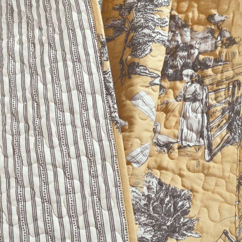 60"x50" Single French Country Toile Cotton Reversible Throw Yellow/Gray - Lush Décor