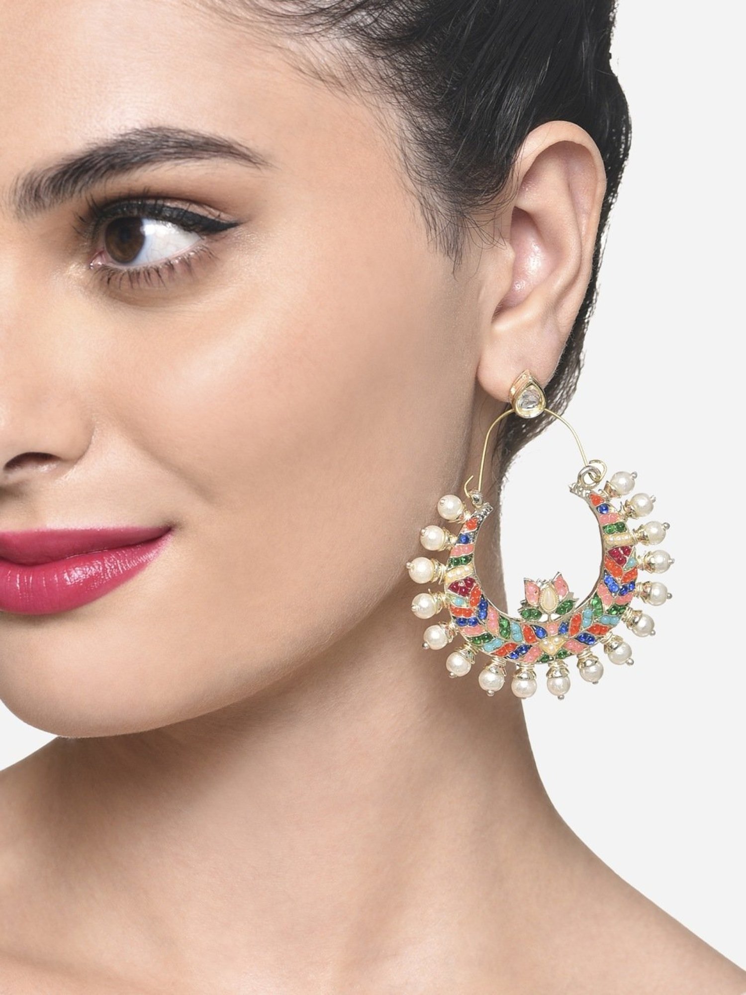 Zaveri Pearls Multicolor Stones Crescent Lotus Ethnic Dangler Earrings-ZPFK16398