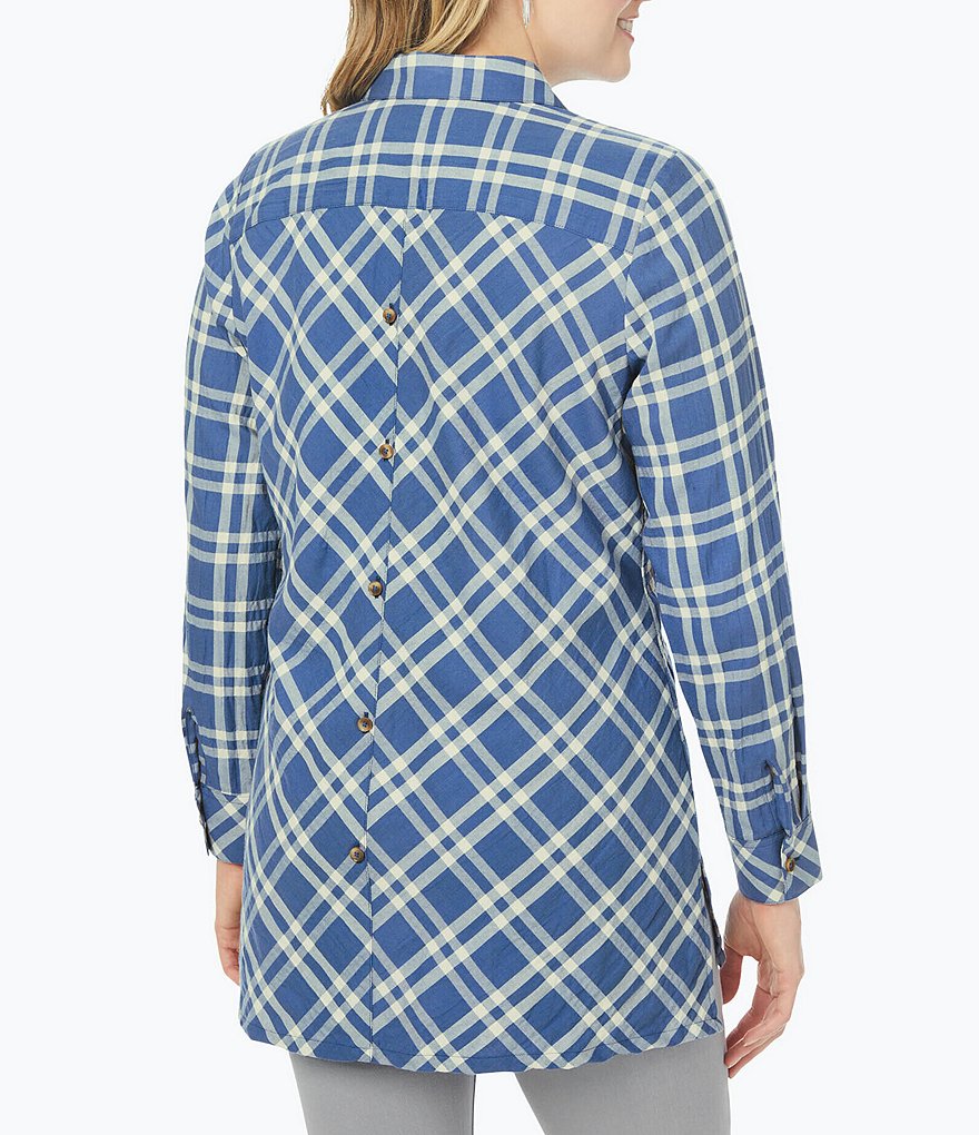 Foxcroft Plus Size Santino Plaid Print Pucker Woven Long Sleeve Button Down Point Collar Tunic