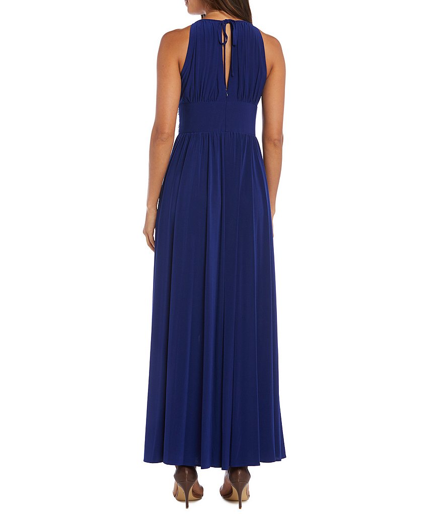 R & M Richards Petite Size Beaded Waist Keyhole Neck Long Gown