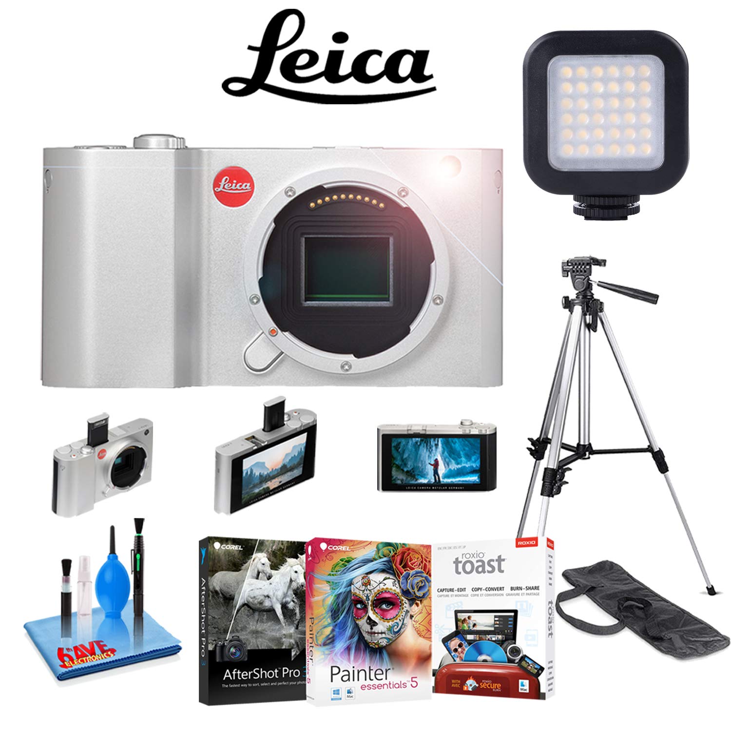 Leica T Digital Camera (Silver, 18181) with Corel Mac Photo Essentials Software Kit, Mini Portable LED Video Light, 72 i