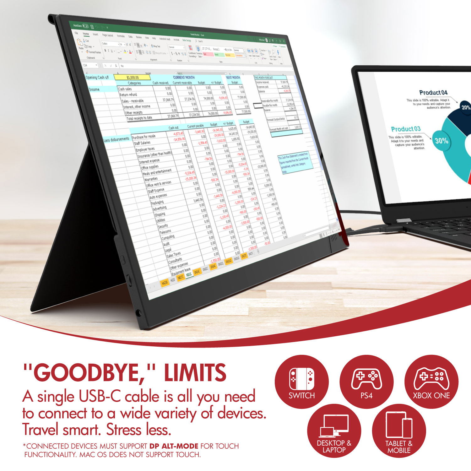 VIOTEK LinQ Touch 16" Portable Touchscreen Monitor, 1920 x 1080 p Full HD, Ultra-Slim IPS w/ FreeSync USB-C, HDMI, 3.5mm Port with Speakers USB-C (Model: P16CT)