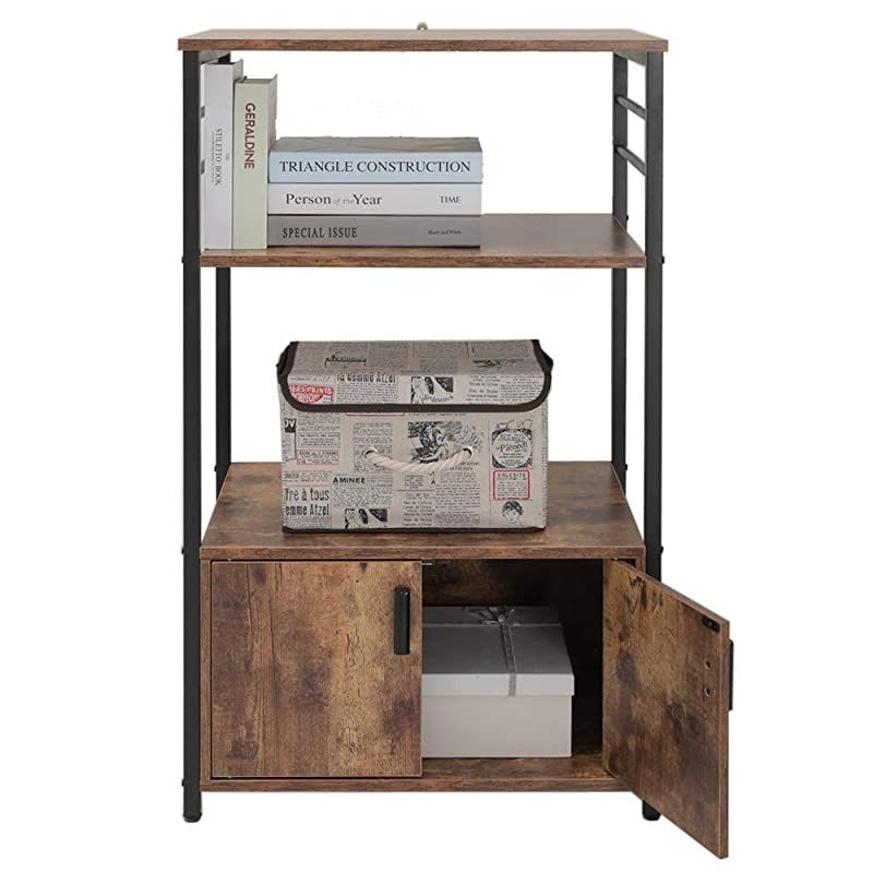 Kitchen Baker's Rack with 1 Cabinet and 8 Hooks, 3-Tier Utility Storage Shelf, Microwave Oven Stand, Industrial Storage Cabinet, Bookshelf for Living Room, Bathroom Cabinet, Rustic Brown