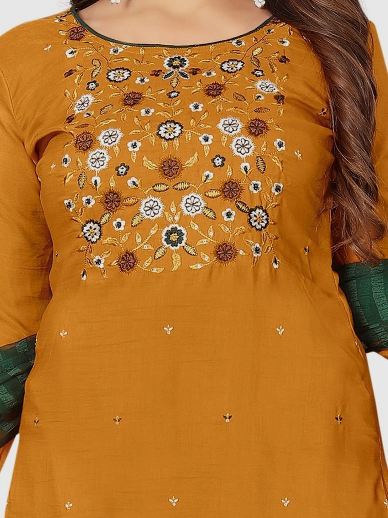 APNISHA Mustard Cotton Embroidered Unstitched Dress Material