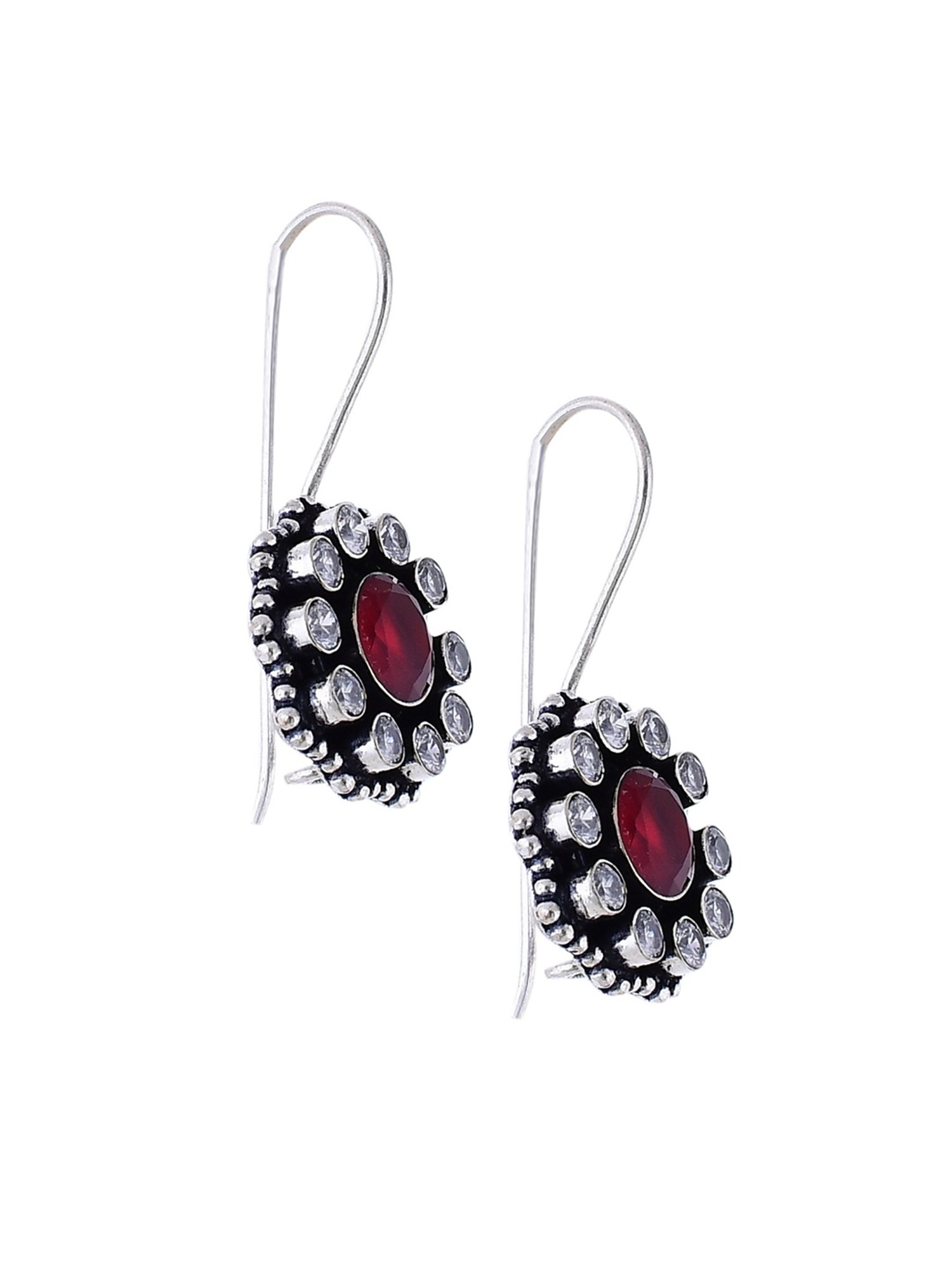 Imli Street Red Silver Tone Stone-Studded Handcrafted Drop Earrings